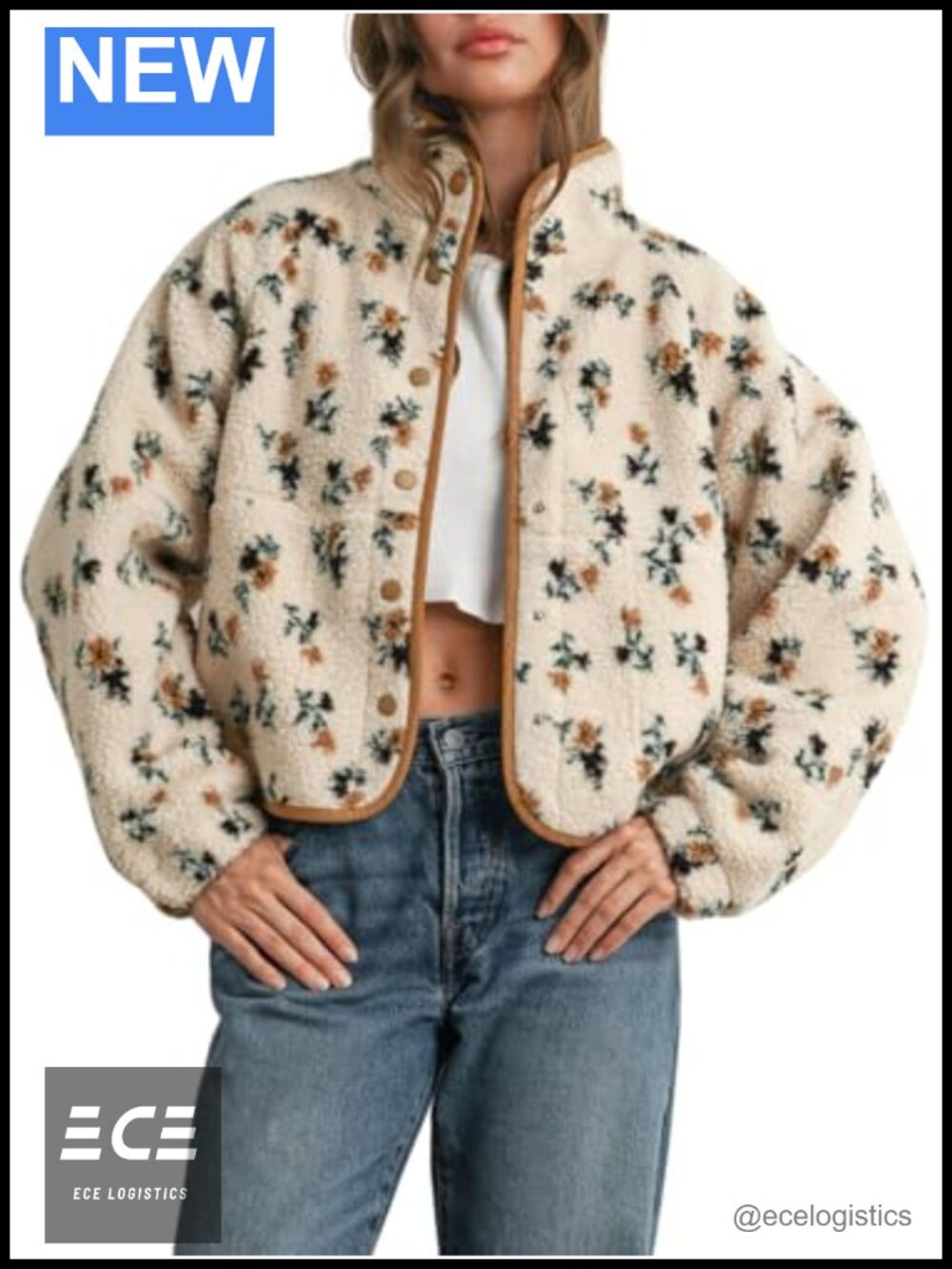 Womens Floral Print Fluffy Fleece Jacket Snap Button Winter Teddy Fleece Casual